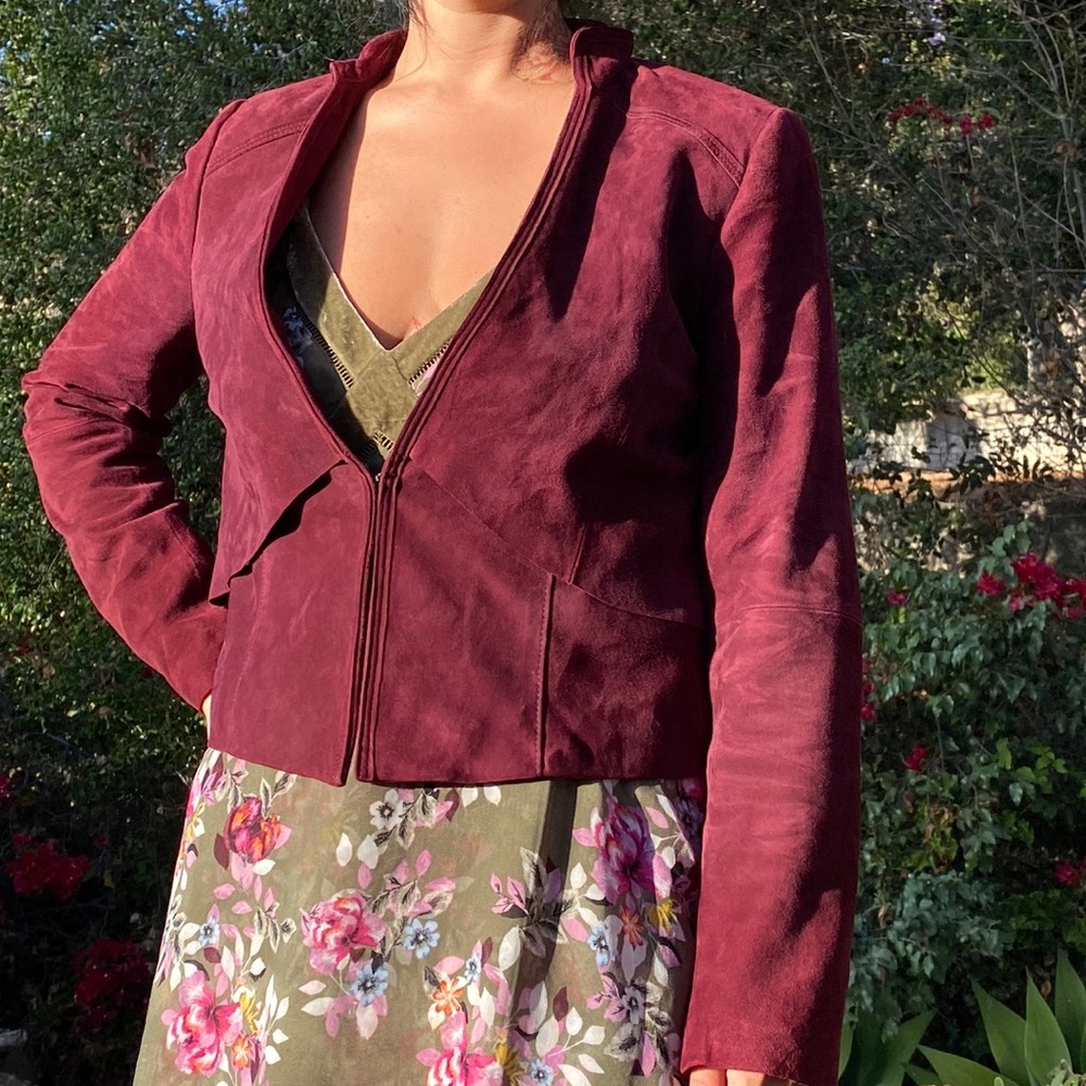 White House Black Market draped wine suede jacket